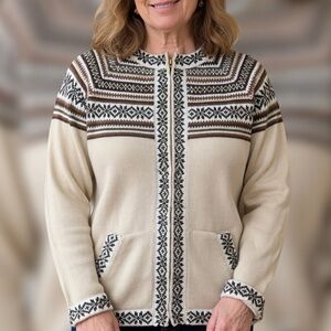 Women's Cream and Brown Cardigan Alpaca Sweater - Made in Peru